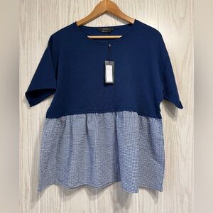 Vertigo Navy Knit Top Gingham Peplum Hem Size S NWT